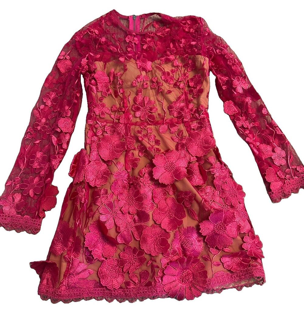 Mev Mews Pink Floral Lace V-Neck Lined Long Sleeve Mini Dress Size M- NWT